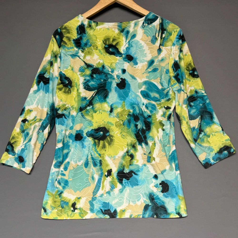 JM Collection Womens Medium Blue Green Watercolor Floral Textured 3/4 Sleeve Top - Picture 2 of 4